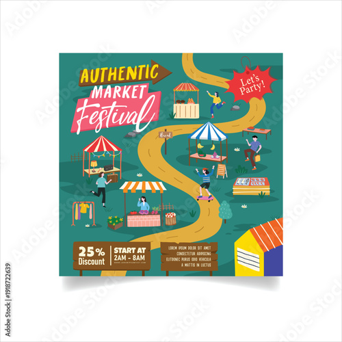 Market Festival Scene Colorful Modern Flat Design Illustration with People Shopping and Local Booths