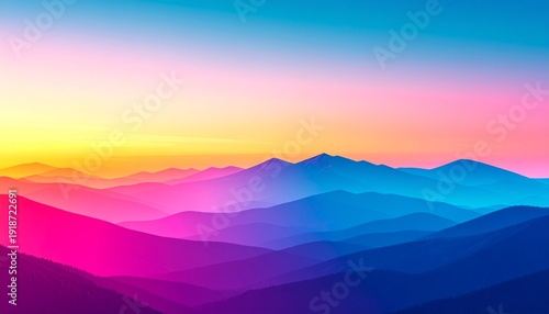 Vibrant abstract mountain landscape with a colorful gradient sky at sunrise or sunset, featuring layers of peaks in pink, purple, and blue hues.