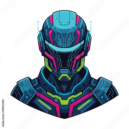 Futuristic Robot Head Illustration with Neon Lights.