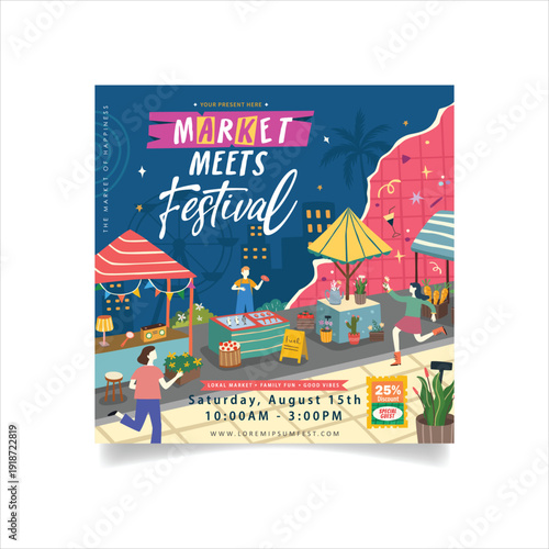 Colorful Local Bazaar Scene with Local Booths Diverse Stalls in Modern Flat Design Illustration