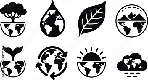 Collection of icons representing environmental conservation and sustainability themes