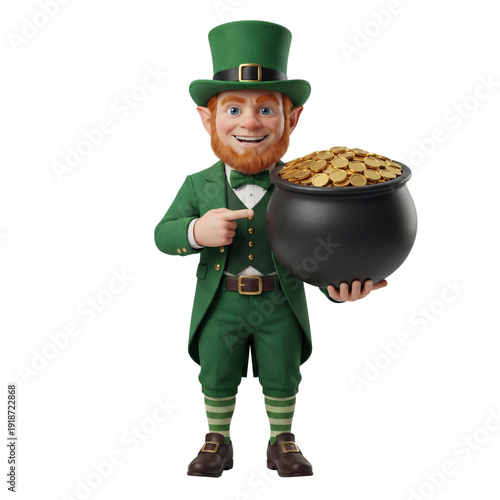 Cheerful pixie in greenish suit points at pot with golden coins