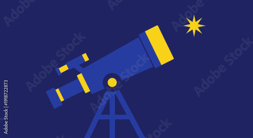 Blue Telescope Pointing Toward Stars with Bright Yellow Star Accent in a Dark Blue Illustration