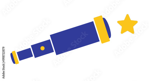Observing the Night Sky with a Blue Telescope and Yellow Star in a Minimalist Graphic from a Diagonal Viewpoint