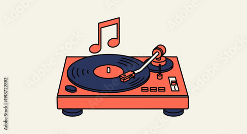 Wallpaper Mural Close-up view of a vibrant orange cartoon record player spinning music notes on a clean offwhite backdrop Torontodigital.ca