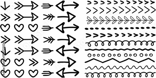 Black and white pattern featuring arrows hearts and various linear designs