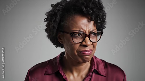 Woman Expressing Disgust - Close-up of a woman with curly hair and glasses, making a face of disgust against a neutral background. She is wearing a burgundy collared shirt.