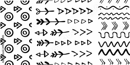 Abstract black and white pattern featuring various geometric and tribal shapes