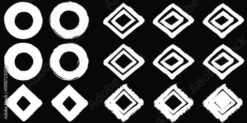 Abstract geometric patterns of circles and diamonds in white on black