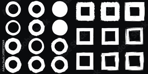 Geometric shapes in white ovals and squares on a black background