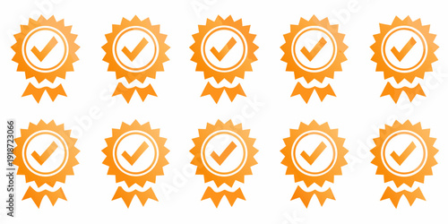 A collection of orange starburst shaped badges with checkmarks