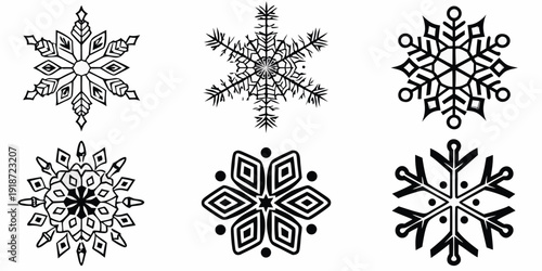 Six intricate black and white snowflake designs displayed in a grid pattern