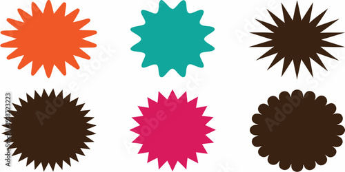 Colorful starburst shapes arranged in a grid on a white background