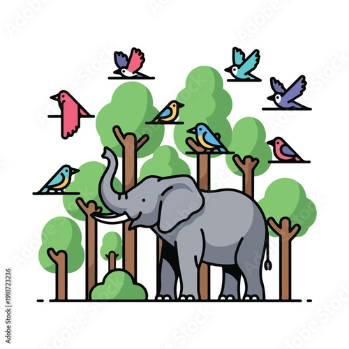 Gray Cartoon Elephant with Birds Trees.