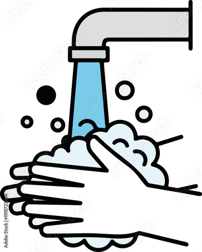 Hands under running water faucet with soap suds washing hands for hygiene and cleanliness