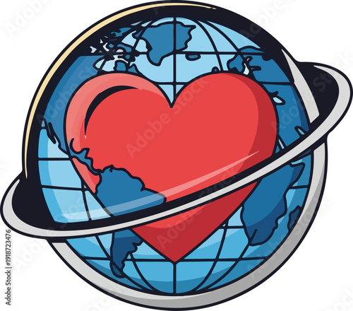Globe with heart symbol representing global love and care for the earth and its inhabitants