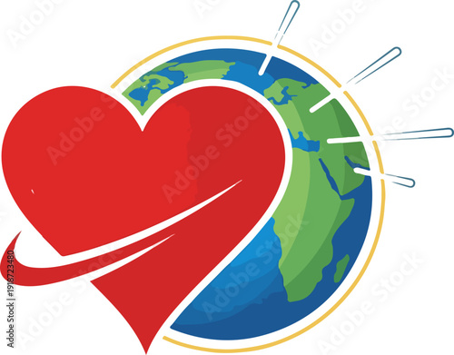 Vibrant red heart symbolizing love and care for the earth with a dynamic swoosh and sun rays conveying a sense of global compassion and eco friendliness on a white background