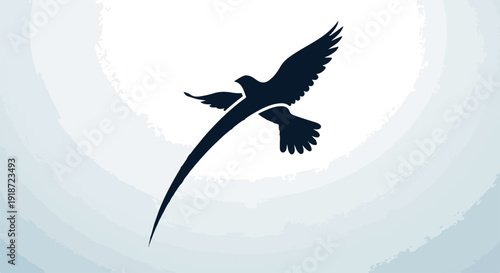 Bird in flight silhouette against bright sun with outstretched wings and tail feathers on gradient sky background