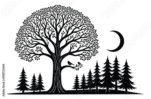 Stylized silhouette illustration of a forest landscape depicting trees and birds under a crescent moon for nature projects