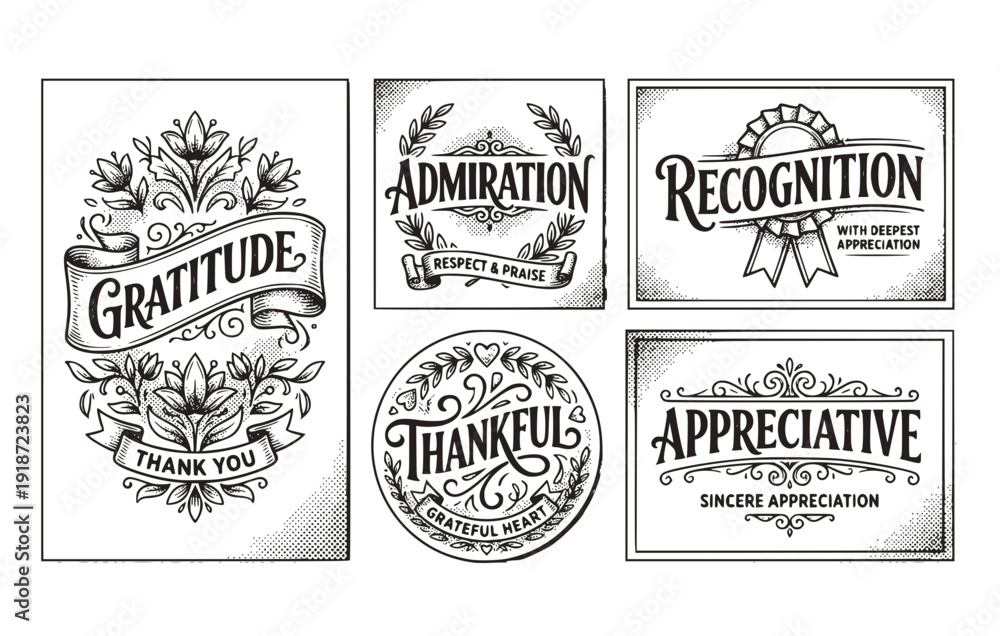 Obraz premium Black White Halftone Grateful Gratitude Poster Card Set 5 Sketch Admiration Recognition Lettering-Appreciation Typography Vector Set