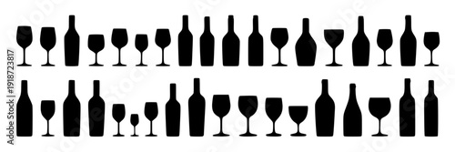 Wine glasses and bottles set with various shapes and sizes in black silhouette style featuring glass, bottle, vector with drink and alcohol elements for bar, party projects, clean composition on