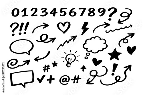 Collection of doodle elements including numbers, symbols, arrows, and shapes