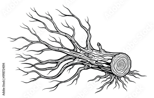 Hand drawn line art illustration of a tree log depicting tangled branches and roots for nature and forestry design