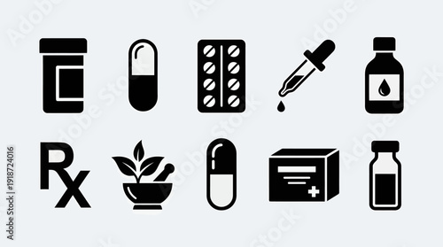 Set of medical and pharmaceutical icons including prescription bottle, capsules, syringe, dropper, Rx symbol, medicine box, plant for herbal medicine, and medicine packaging