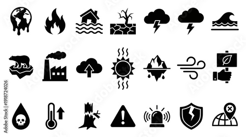 Detailed collection of weather, hazard, and environmental icons for UI design, including fire, radiation, biohazard, storms, clouds, sun, water.