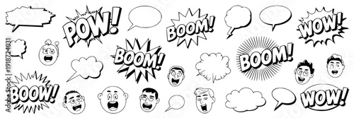 Speech bubbles comic set with boom pow wow sound effect lettering, surprised cartoon faces, black and white outline doodles for pop art dialogue stickers