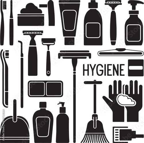 Black and white icons of personal hygiene and cleaning products and tools