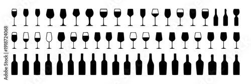Wine glass and bottle set with various shapes and styles in black silhouette icons featuring vector, drink, alcohol with glassware and beverage elements for party, celebration projects, clean