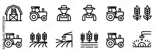 Farm icons line set with barn, tractors, farmers, wheat sheaves, crop rows, irrigation sprinkler and sunrise symbols in clean outline style on white featuring tractor icon, farmer icon, monochrome