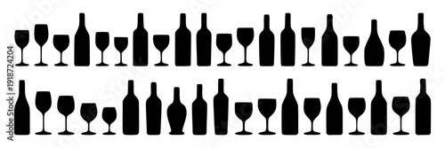 Bottles and glasses silhouette set with wine and liquor icons in black featuring drink, beverage, alcohol with bar and restaurant elements for pub, nightclub projects, clean composition on simple