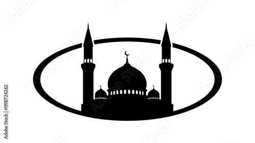 A black silhouette of a mosque with a central dome and two minarets, framed by an oval shape, representing Islamic architecture and worship.