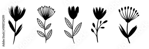 Flowers hand-drawn set with black ink brush strokes and minimalist design elements featuring floral, line art, botanical with nature and plants elements for illustration, vector projects, clean