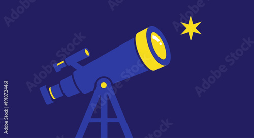 Observing a Bright Star with a Stylized Telescope Illustration in the Night Sky from an Angled View