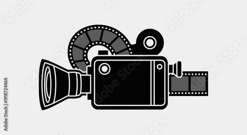 Wallpaper Mural Black‑and‑white graphic of a film camera with reel and film strip, centered on white background, viewed from front Torontodigital.ca