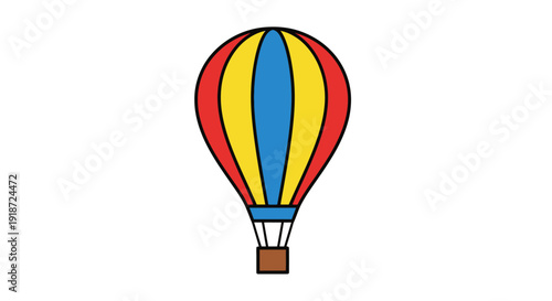 Wallpaper Mural Playful cartoon hot air balloon with basket soaring above a white sky, colorful striped sections, childlike illustration view Torontodigital.ca