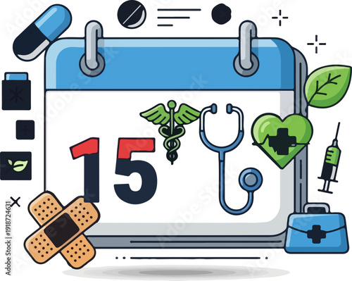 Medical calendar page with stethoscope pills and health symbols on white background