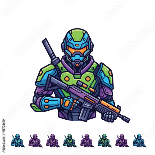 Futuristic Soldier with Rifle and Team Members.