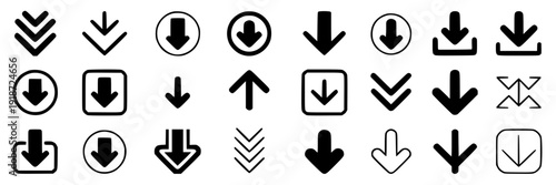 Arrows set with various styles and shapes including double, triple, and outlined designs for versatile use featuring direction, download, upload with icons and vector elements for black, white