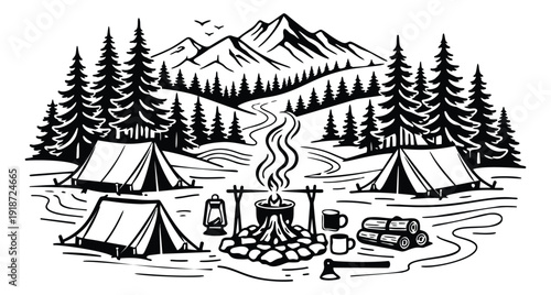 Hand drawn line art illustration of a camping scene depicting tents, a roaring campfire, and majestic mountains for outdoor adventure and wilderness