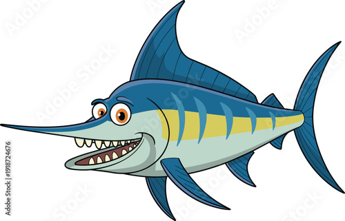 Cartoon Blue Marlin Fish Character with Long Sword Bill and Sharp Teeth, Cute Ocean Predator Illustration Isolated on White Background for Kids Marine Design