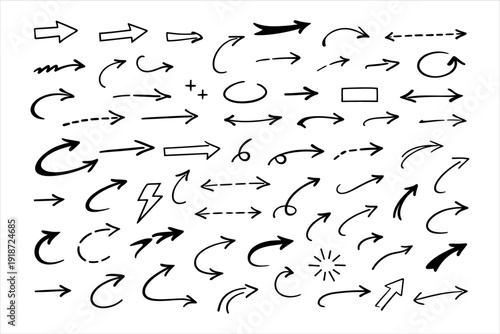 Collection of black arrows of various shapes and styles pointing in different directions