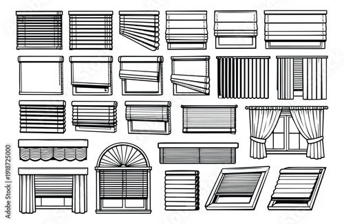 Hand drawn line art set featuring various window blinds, shades, and curtains for home interior decoration