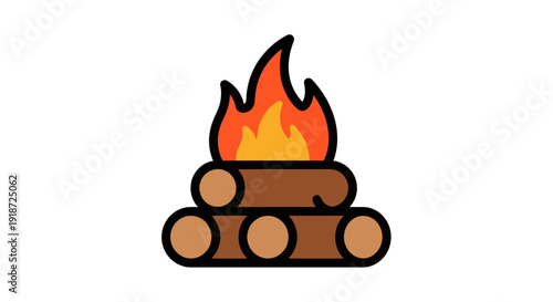Cartoon campfire illustration with stacked logs and rising flame, simple white background, clear central focus