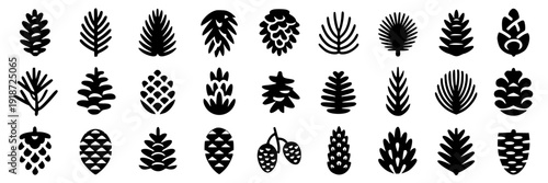 Pineapple icon set with 25 minimalist tropical fruit silhouettes, black flat vector symbols for summer branding, packaging, stickers, patterns, and logo design