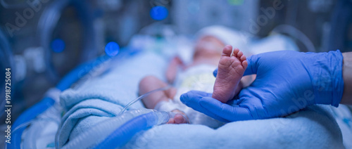 Blue gloved nurse hand holding premature newborn baby foot in intensive care unit