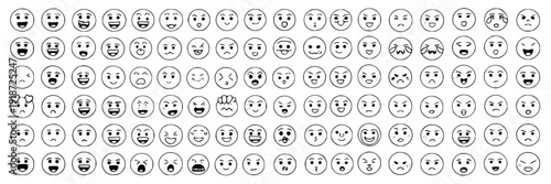 Emoji faces icon grid with assorted cartoon expressions in black outline, round smiley emoticons pack for UI, chat apps, stickers, reactions and messaging